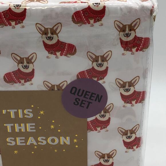 New Christmas Corgi Dog In Red Sweater 4 pc Queen Sheet Set Holiday Sheets - Picture 2 of 4